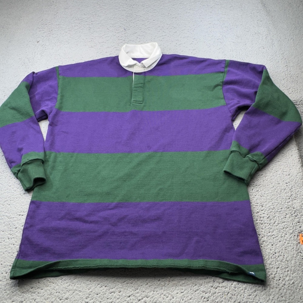 Withernot Rugby Shirt Men XL Green Purple Stripe Long Sleeve Polo Preppy Jersey